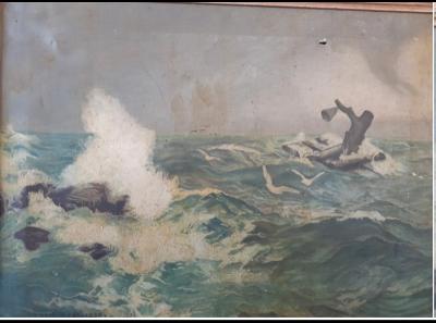 Painting Restoration before restoration — Ocean with log painting